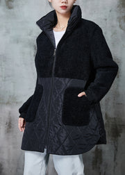 Italian Black Oversized Patchwork Faux Fur Cotton Filled Jackets Winter