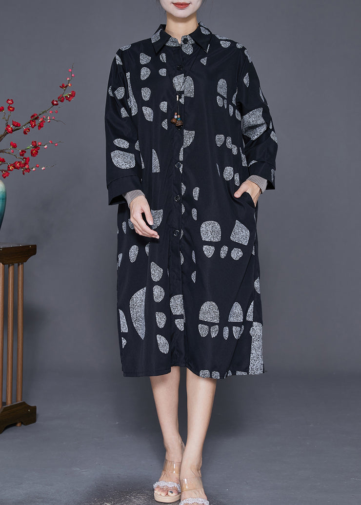 Italian Black Oversized Print Cotton Coat Outwear Fall