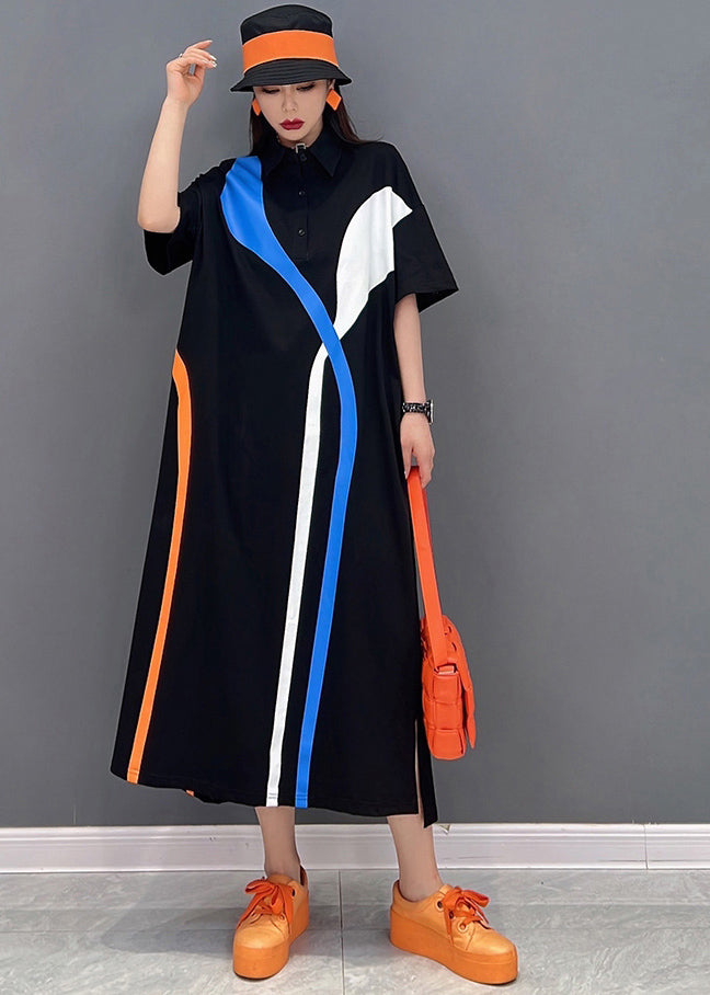 Italian Black Peter Pan Collar Oversized Print Cotton Shirt Long Dresses Short Sleeve