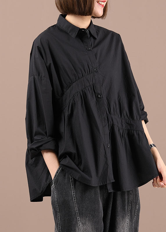 Italian Black PeterPan Collar Wrinkled Button Fall Shirt Long Sleeve