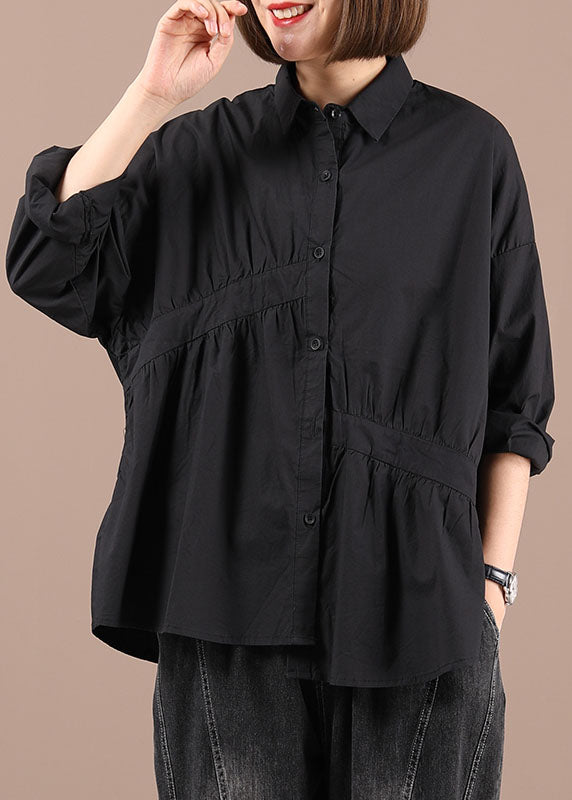 Italian Black PeterPan Collar Wrinkled Button Fall Shirt Long Sleeve