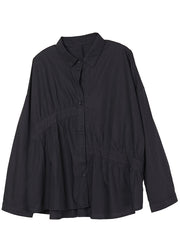 Italian Black PeterPan Collar Wrinkled Button Fall Shirt Long Sleeve