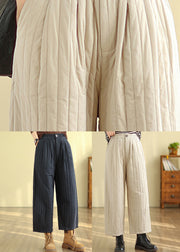 Italian Black Pockets Elastic Waist Fine Cotton Filled Straight Pants Winter