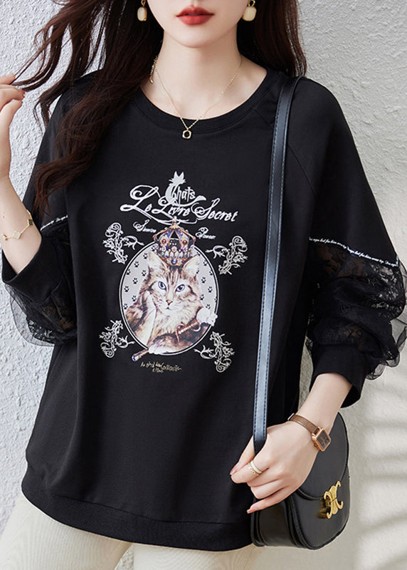 Italian Black Print Tulle Patchwork Sweatshirts Top Fall