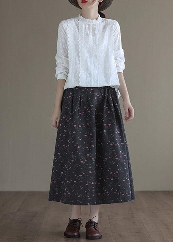 Italian Black Retro Print Summer Skirt Linen - bagstylebliss