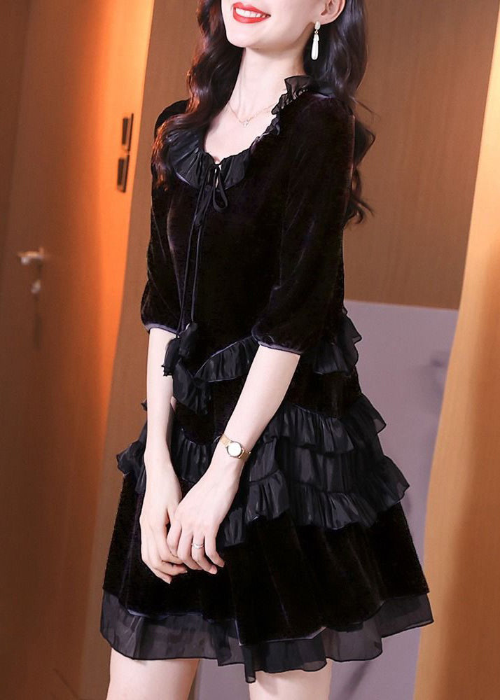 Italian Black Ruffled Lace Up Patchwork Velour Mid Dress Half Sleeve