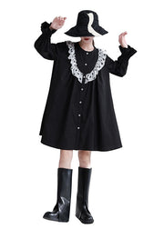 Italian Black Ruffled Patchwork Cotton Shirt Dresses Fall