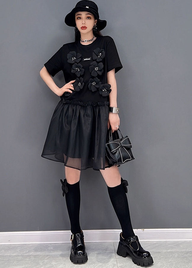 Italian Black Ruffled Tulle Patchwork Floral Cotton Mid Dress Short Sleeve