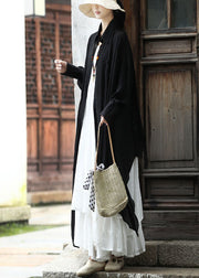 Italian Black Turn-down Collar Asymmetrical Design Cotton Long Shirt Batwing Sleeve