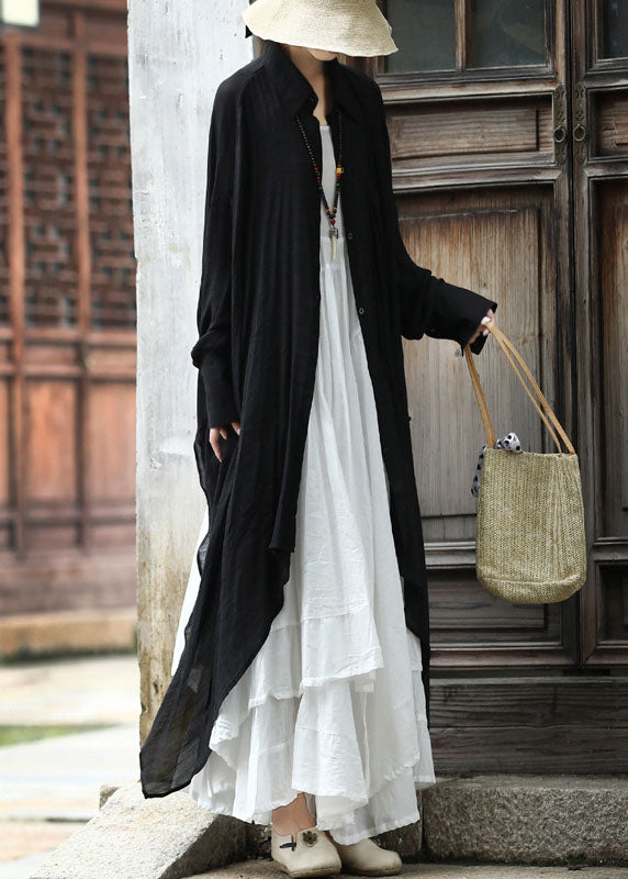 Italian Black Turn-down Collar Asymmetrical Design Cotton Long Shirt Batwing Sleeve