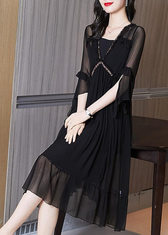 Italian Black V Neck Hollow Out Wrinkled Print Chiffon Dress Flare Sleeve