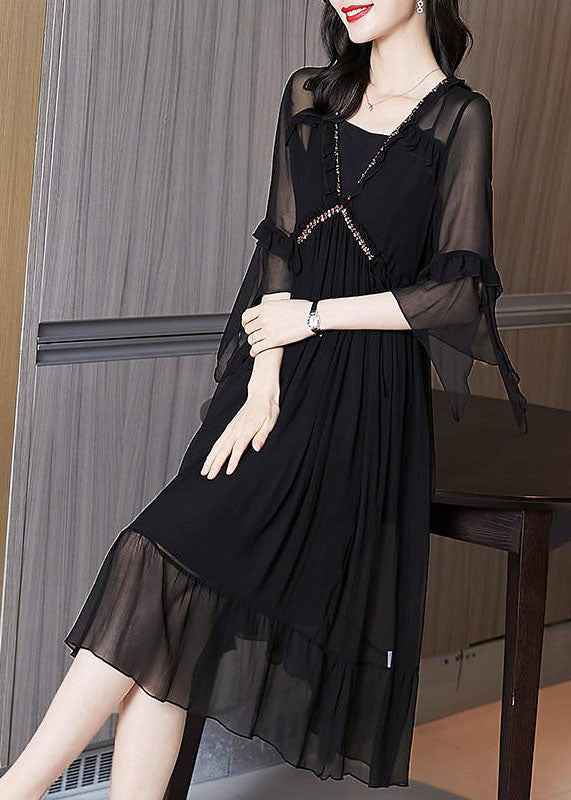 Italian Black V Neck Hollow Out Wrinkled Print Chiffon Dress Flare Sleeve