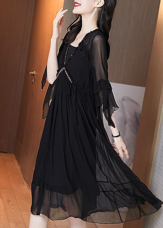 Italian Black V Neck Hollow Out Wrinkled Print Chiffon Dress Flare Sleeve