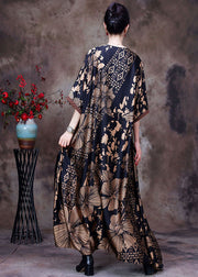 Italian Black V Neck Patchwork Print Silk Maxi Dress Half Sleeve