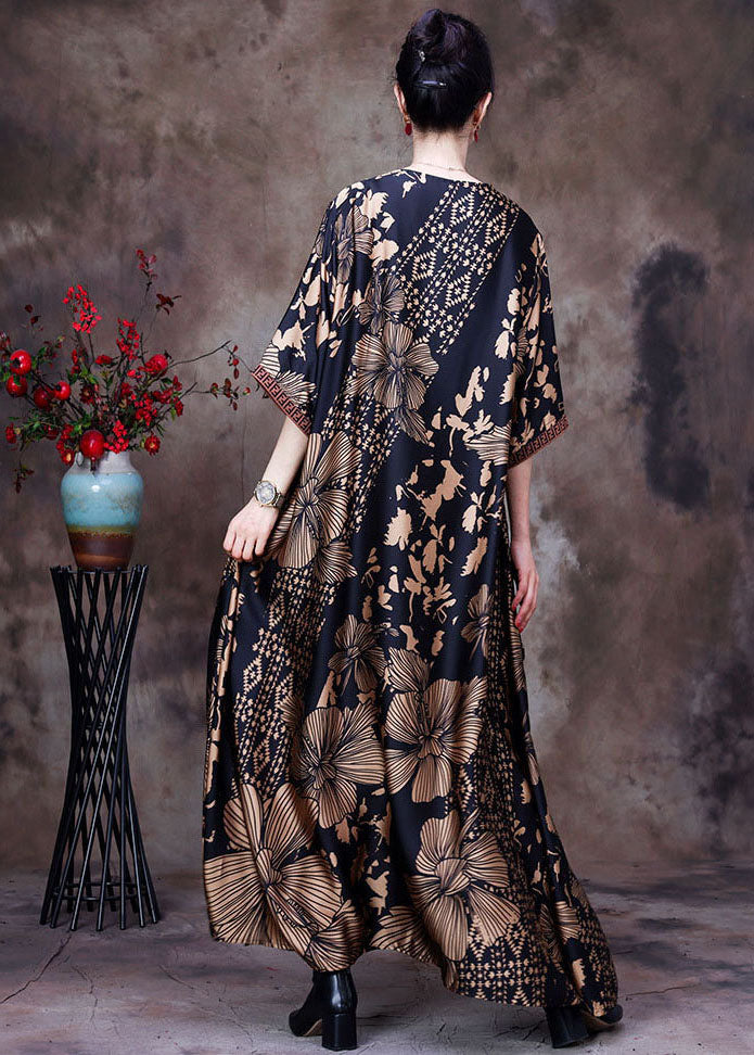 Italian Black V Neck Patchwork Print Silk Maxi Dress Half Sleeve