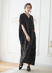 Italian Black V Neck Print Pockets Chiffon Robe Dress Summer