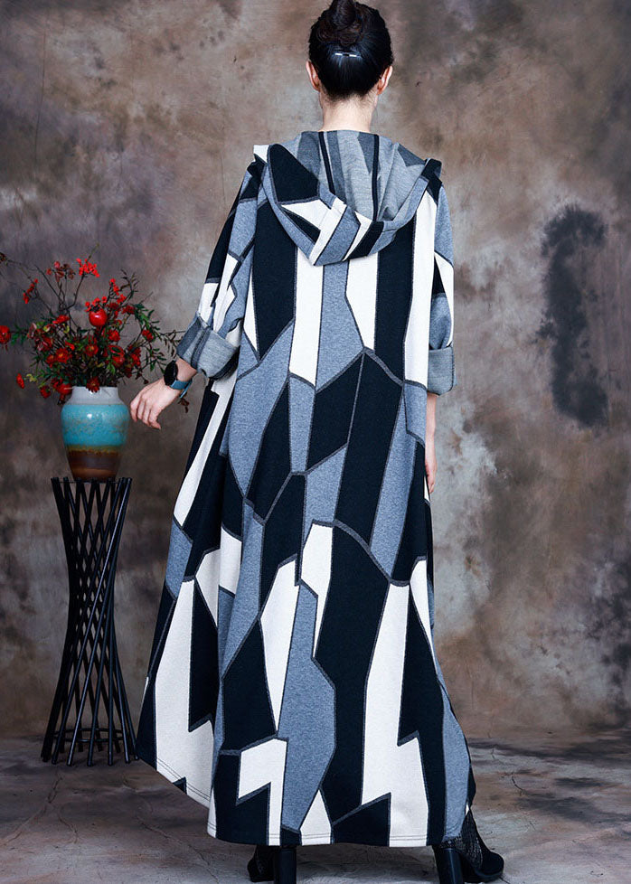 Italian Black White Hooded Print Woolen Coat Spring