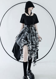 Italian Black White Tulle Patchwork Asymmetrical Design Ruffled Cotton Cinch Dresses Summer