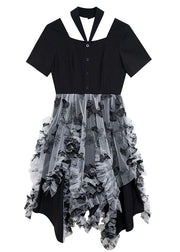 Italian Black White Tulle Patchwork Asymmetrical Design Ruffled Cotton Cinch Dresses Summer