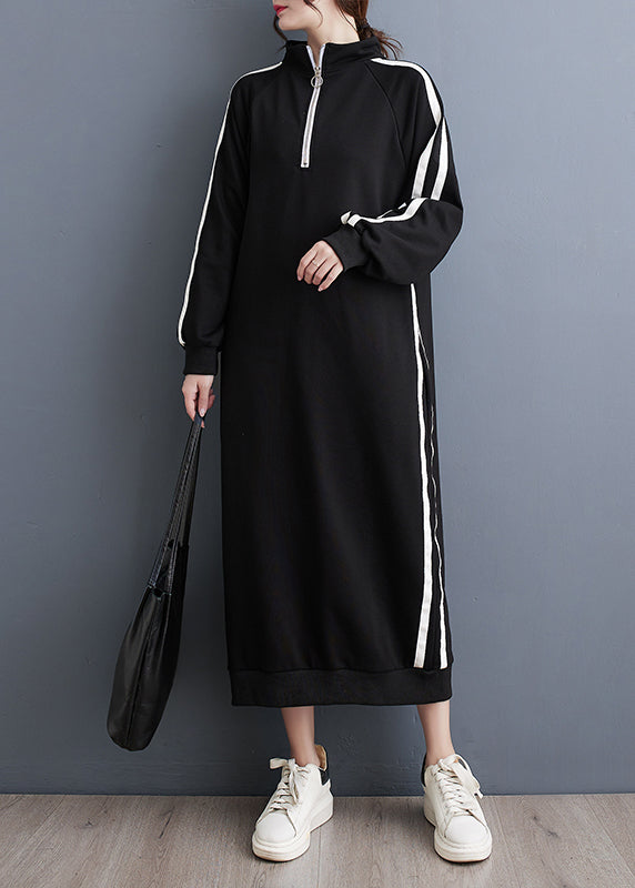 Italian Black Zip Up Patchwork Loose Cotton Long Dresses Fall