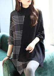 Italienisches schwarzes asymmetrisches Design Patchwork Plaid Herbst Strickpullover