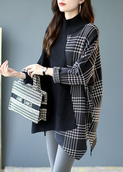 Italienisches schwarzes asymmetrisches Design Patchwork Plaid Herbst Strickpullover