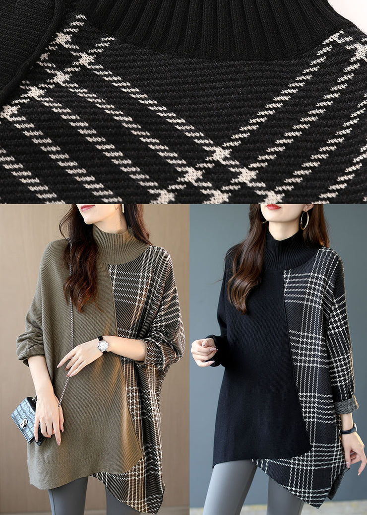 Italienisches schwarzes asymmetrisches Design Patchwork Plaid Herbst Strickpullover