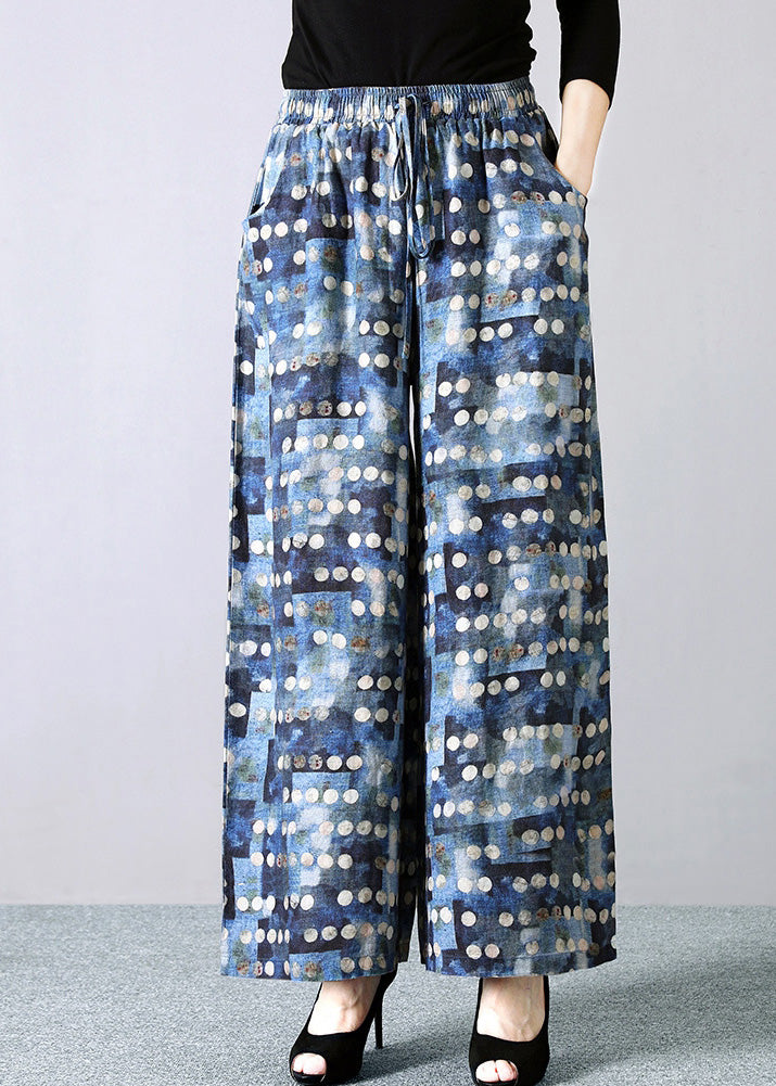 Italian Blue Dot Print Elastic Waist Tie Waist Linen Crop Straight Pants Summer