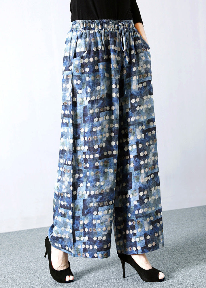 Italian Blue Dot Print Elastic Waist Tie Waist Linen Crop Straight Pants Summer