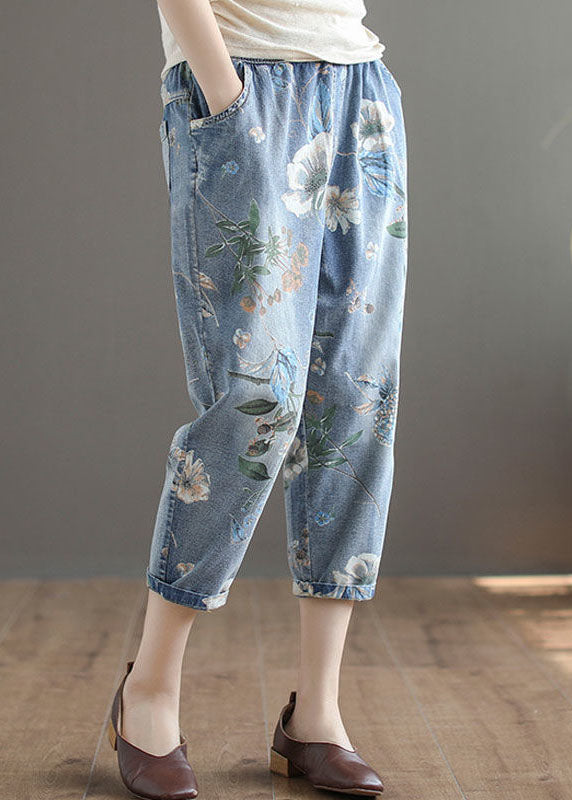 Italian Blue Elastic Waist Pockets Print Cotton Denim Crop Pants Summer