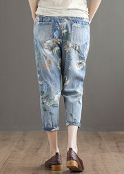 Italian Blue Elastic Waist Pockets Print Cotton Denim Crop Pants Summer