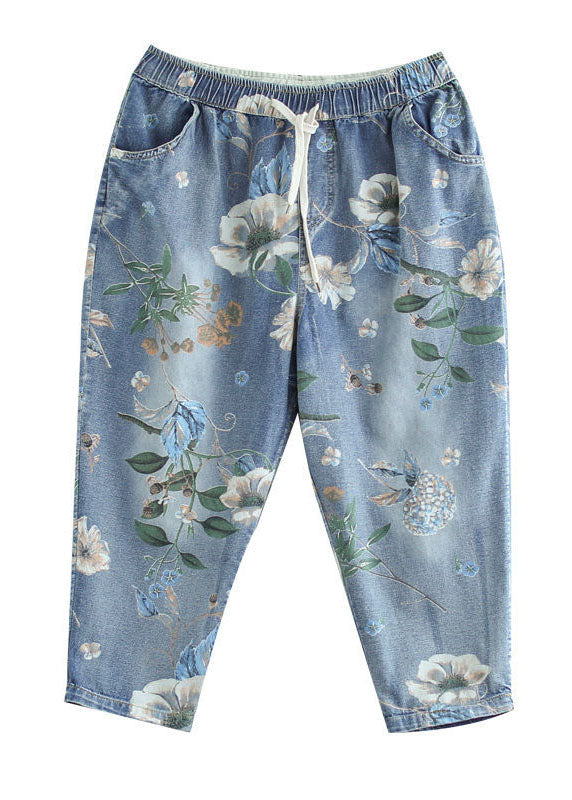 Italian Blue Elastic Waist Pockets Print Cotton Denim Crop Pants Summer