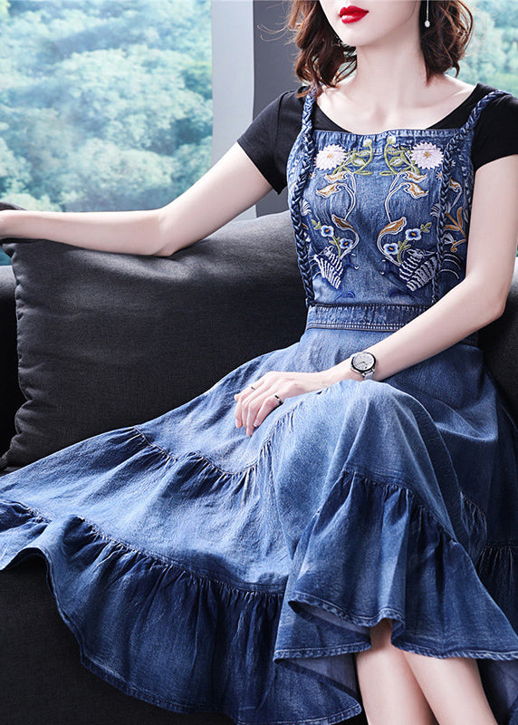 Italian Blue Embroideried Zippered Ruffles Cotton Denim Spaghetti Strap Dress Summer