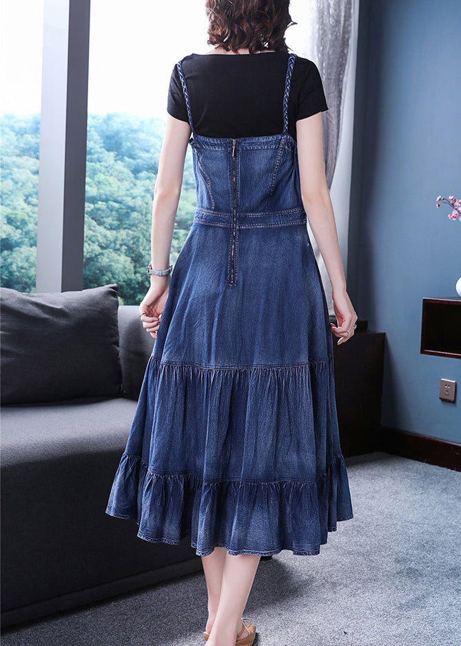 Italian Blue Embroideried Zippered Ruffles Cotton Denim Spaghetti Strap Dress Summer