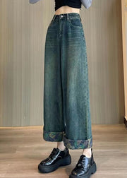 Italian Blue High Waist Edge Curl Denim Wide Leg Pants Spring