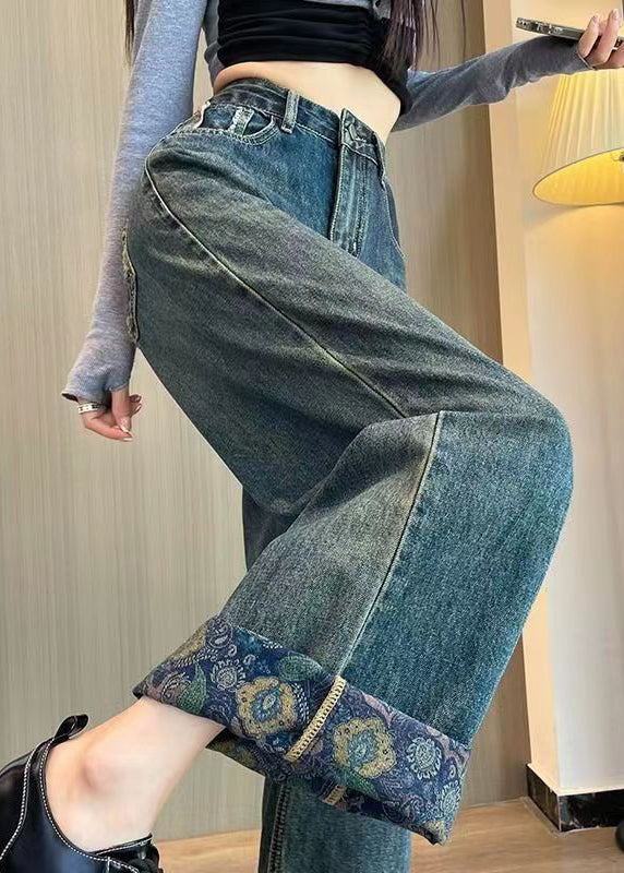 Italian Blue High Waist Edge Curl Denim Wide Leg Pants Spring