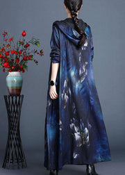 Italian Blue Hooded Print Fall Cardigan Long Sleeve - bagstylebliss