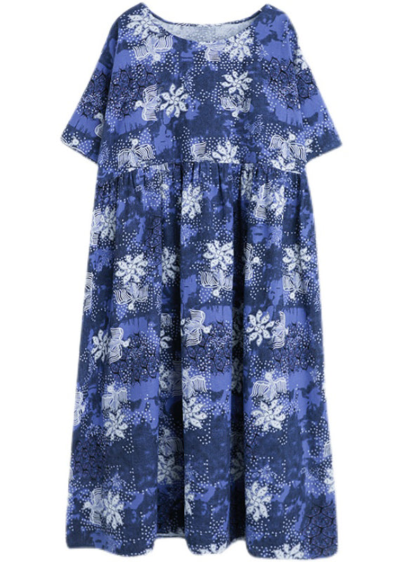 Italienisch Blau O-Neck Cinched Print Maxikleider Kurzarm