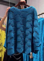 Italian Blue O Neck Hollow Out Patchwork Knit Sweater Fall