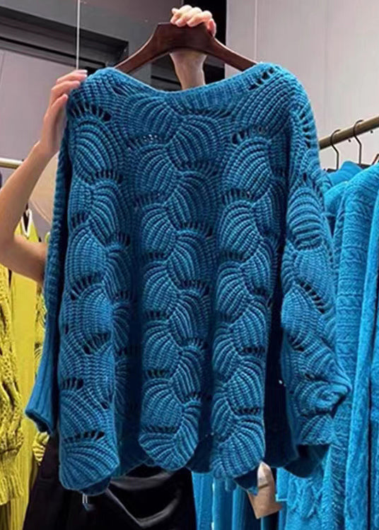 Italian Blue O Neck Hollow Out Patchwork Knit Sweater Fall