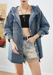 Italian Blue Oversized Hooded Pockets Denim Coats Fall