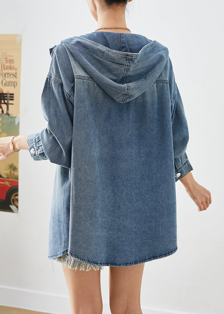 Italian Blue Oversized Hooded Pockets Denim Coats Fall