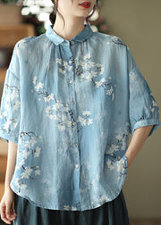 Italian Blue Peter Pan Collar Print Linen Shirt Top Half Sleeve