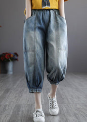 Italian Blue Pockets Elastic Waist Harem Pants denim - bagstylebliss