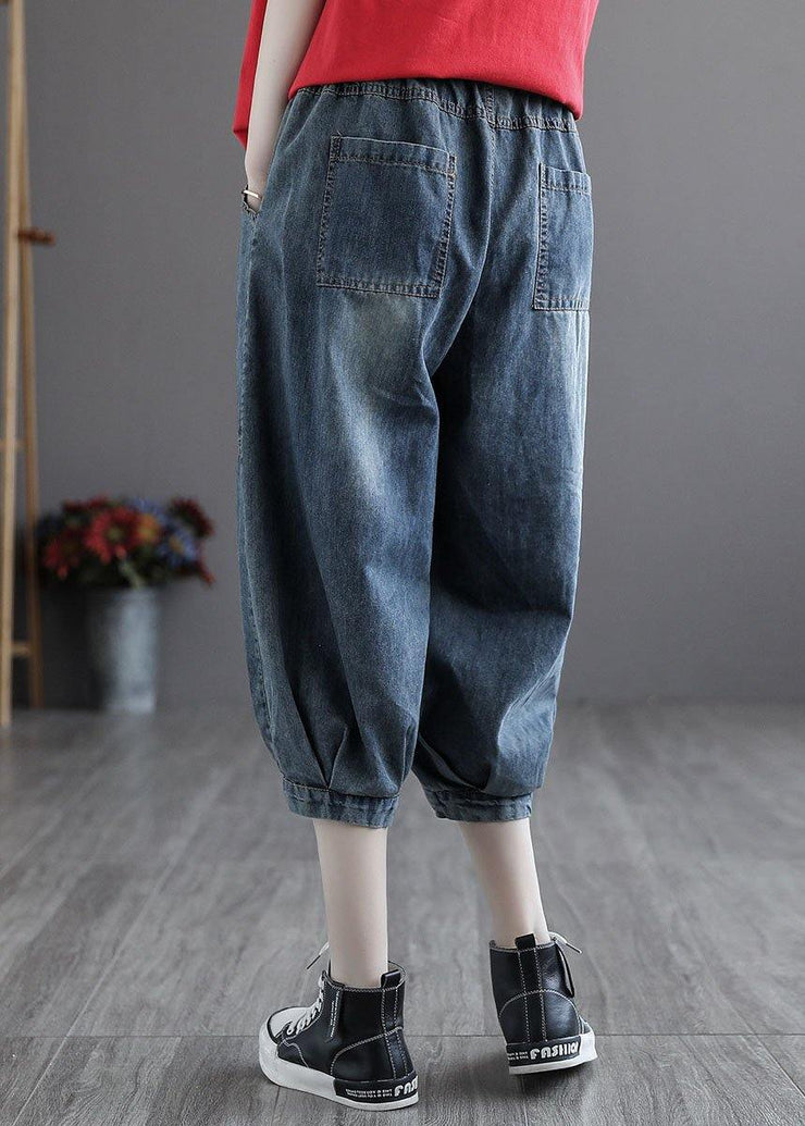 Italian Blue Pockets Elastic Waist Harem Pants denim - bagstylebliss