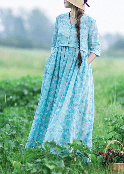 Italian Blue Print Clothes Notched Cinched Maxi Summer Dresses - bagstylebliss