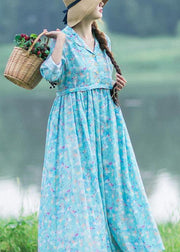 Italian Blue Print Clothes Notched Cinched Maxi Summer Dresses - bagstylebliss