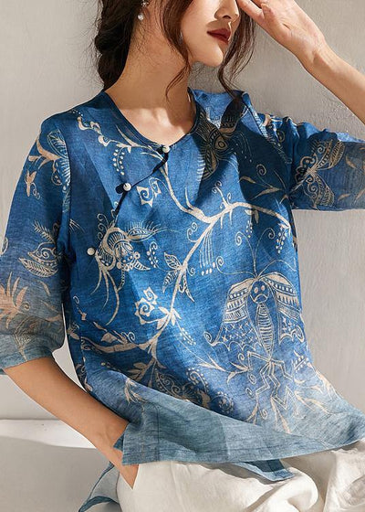 Italian Blue Print Oriental Summer Ramie Shirt Half Sleeve - bagstylebliss