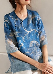 Italian Blue Print Oriental Summer Ramie Shirt Half Sleeve - bagstylebliss