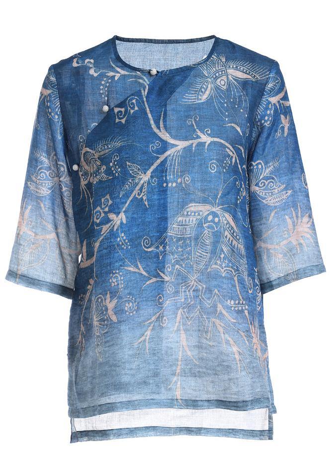 Italian Blue Print Oriental Summer Ramie Shirt Half Sleeve - bagstylebliss